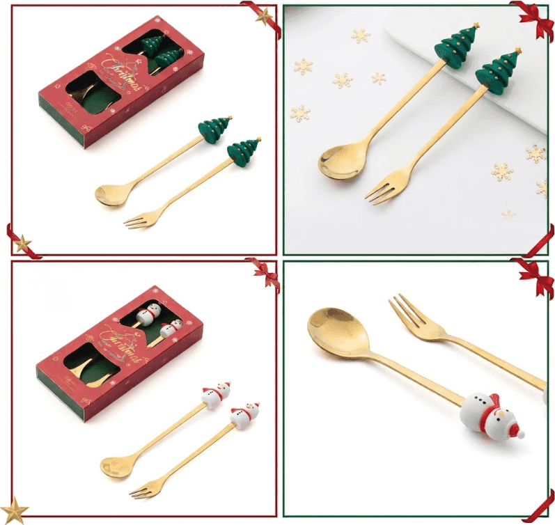 Cartospedia -  Set di 4 posate natalizie Dorate con cucchiaio e forchetta - 5