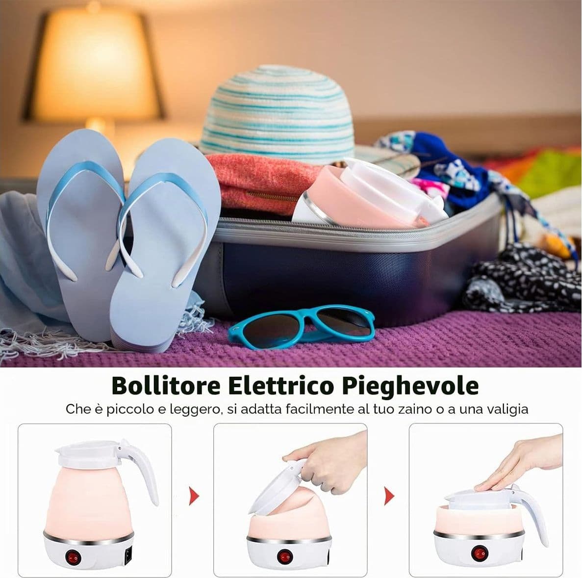 Bollitore Elettrico Pieghevole da 600ml in Silicone Alimentare Mini Bollitore Portatile da Viaggio con Fondo in Acciaio Inox per Campeggio e Vacanze - 2
