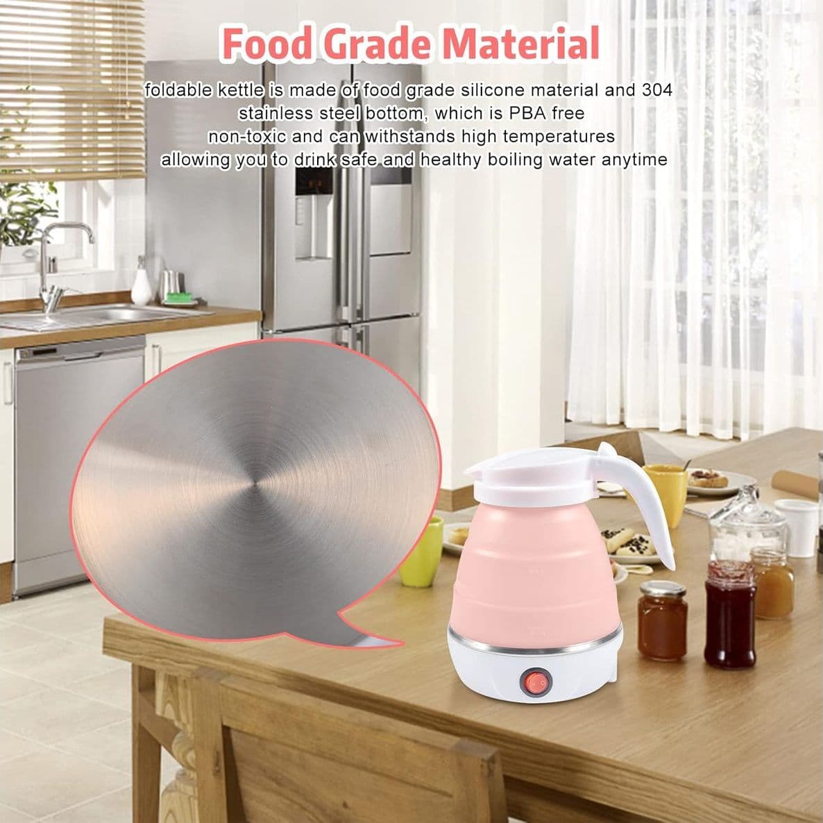 Bollitore Elettrico Pieghevole da 600ml in Silicone Alimentare Mini Bollitore Portatile da Viaggio con Fondo in Acciaio Inox per Campeggio e Vacanze - 3