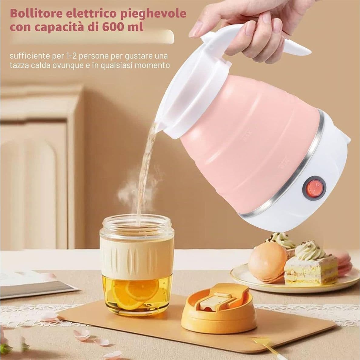 Bollitore Elettrico Pieghevole da 600ml in Silicone Alimentare Mini Bollitore Portatile da Viaggio con Fondo in Acciaio Inox per Campeggio e Vacanze - 4
