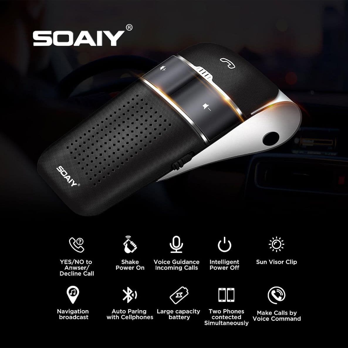 Kit Vivavoce Bluetooth Auto Professionale Con Attivazione Automatica Sensore Vibrazione Supporto Due Cellulari Contemporaneamente Musica E GPS Cavo USB Clip Aletta Parasole Compatibile con Smartphone - 2