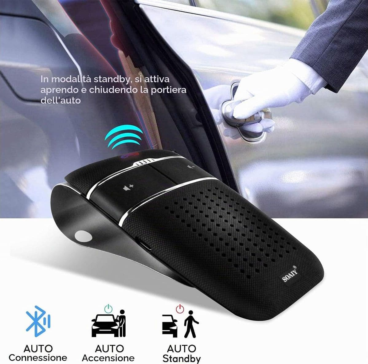 Kit Vivavoce Bluetooth Auto Professionale Con Attivazione Automatica Sensore Vibrazione Supporto Due Cellulari Contemporaneamente Musica E GPS Cavo USB Clip Aletta Parasole Compatibile con Smartphone - 4