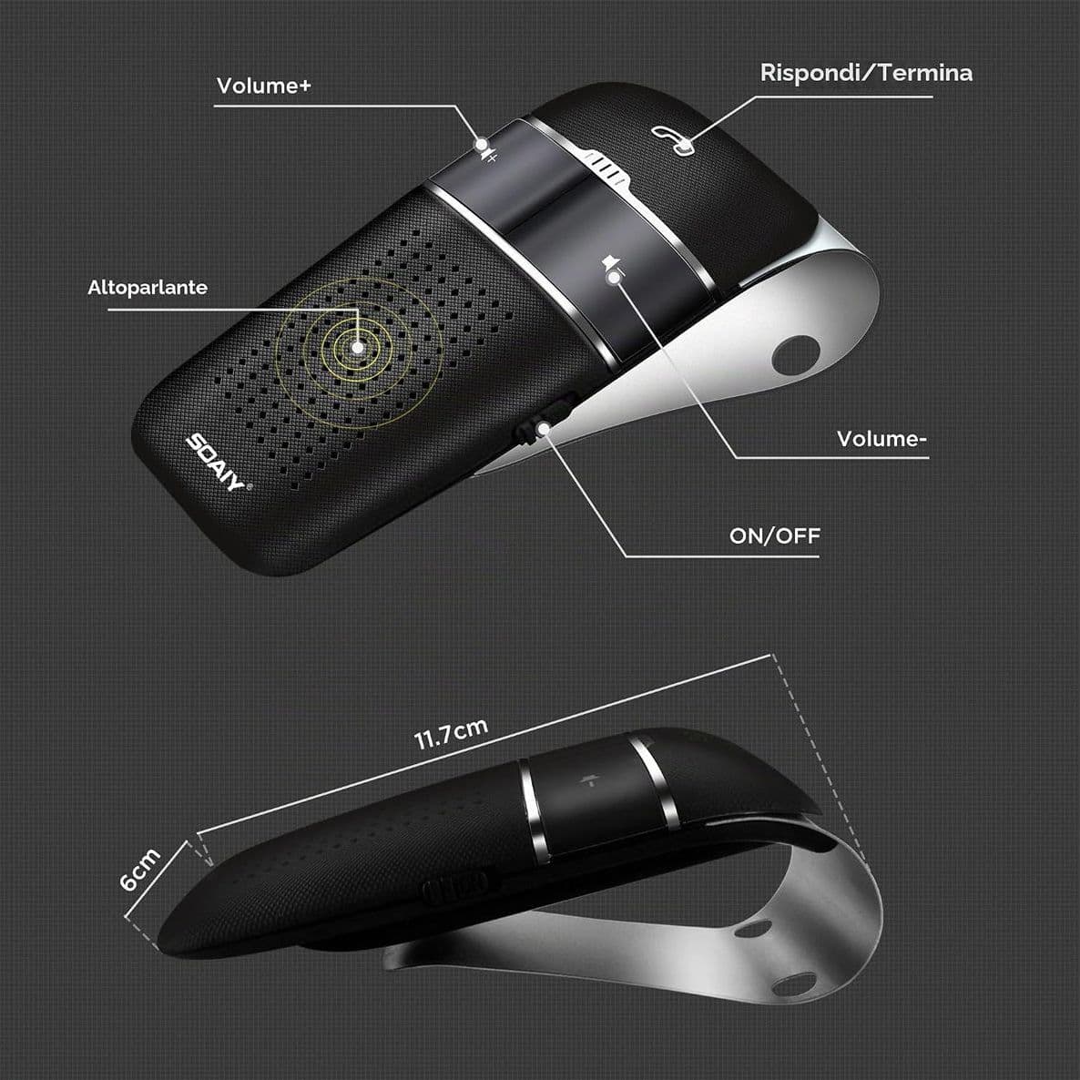 Kit Vivavoce Bluetooth Auto Professionale Con Attivazione Automatica Sensore Vibrazione Supporto Due Cellulari Contemporaneamente Musica E GPS Cavo USB Clip Aletta Parasole Compatibile con Smartphone - 5