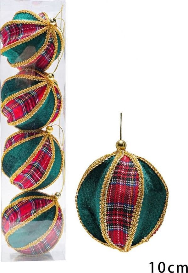 SET DI 4 PALLINE DI NATALE DA 10CM VERDE CON INSERTI STILE SCOZZESE BORDINI DORATI 638506 - 2
