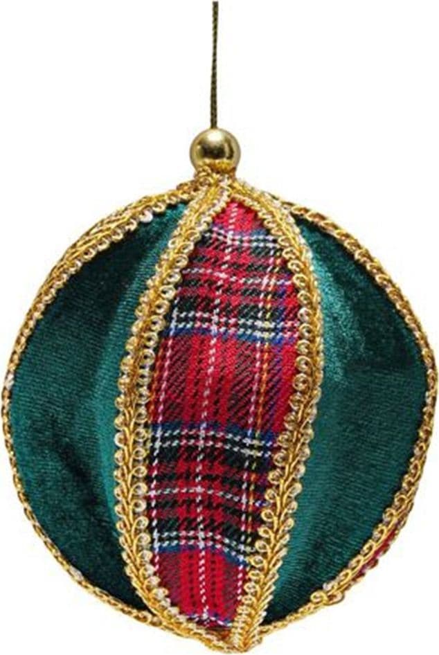 SET DI 4 PALLINE DI NATALE DA 10CM VERDE CON INSERTI STILE SCOZZESE BORDINI DORATI 638506 - 3