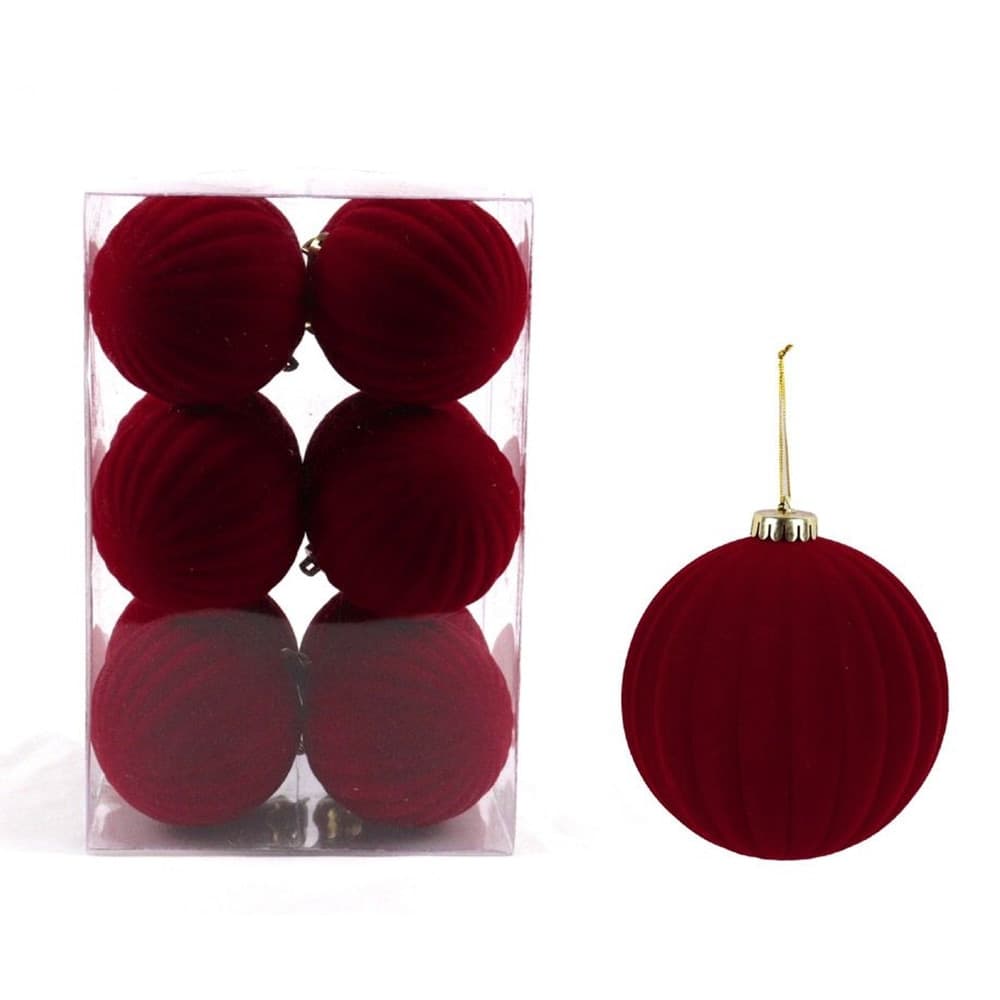 SET 6 PALLINE DI NATALE FLOCCATE 8CM STRINGATE BORDEAUX ALBERO DECORAZIONI NATALIZIE 632873