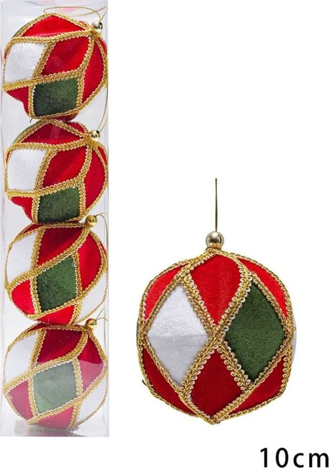 SET 4 PALLINE DI NATALE 10CM A ROMBI IN VELLUTO ROSSO BIANCO VERDE CON BORDI DORATI 638504 - 2