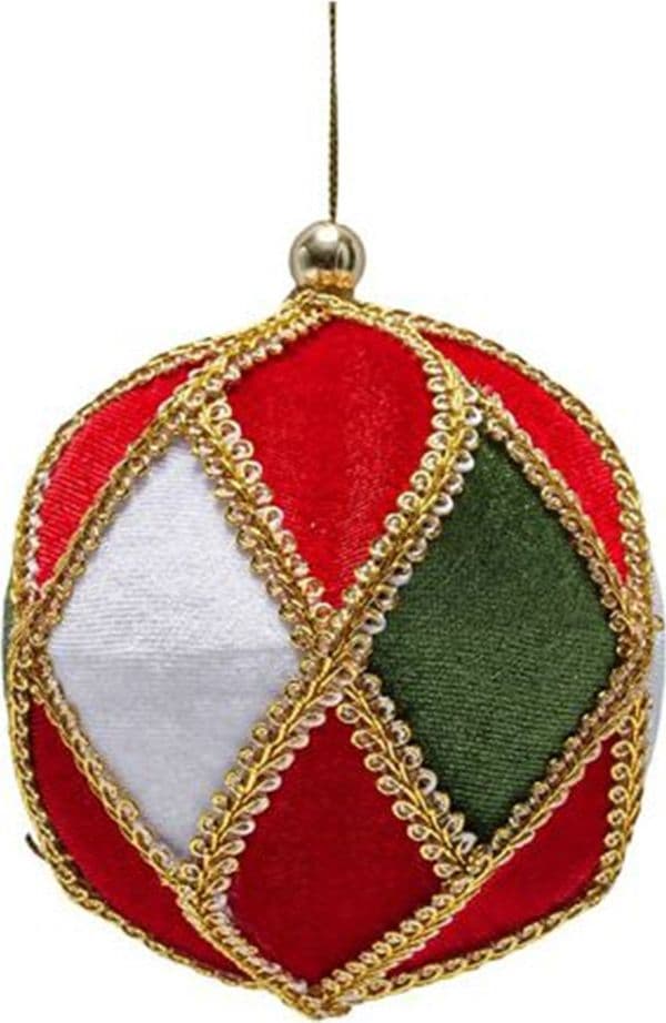 SET 4 PALLINE DI NATALE 10CM A ROMBI IN VELLUTO ROSSO BIANCO VERDE CON BORDI DORATI 638504 - 3