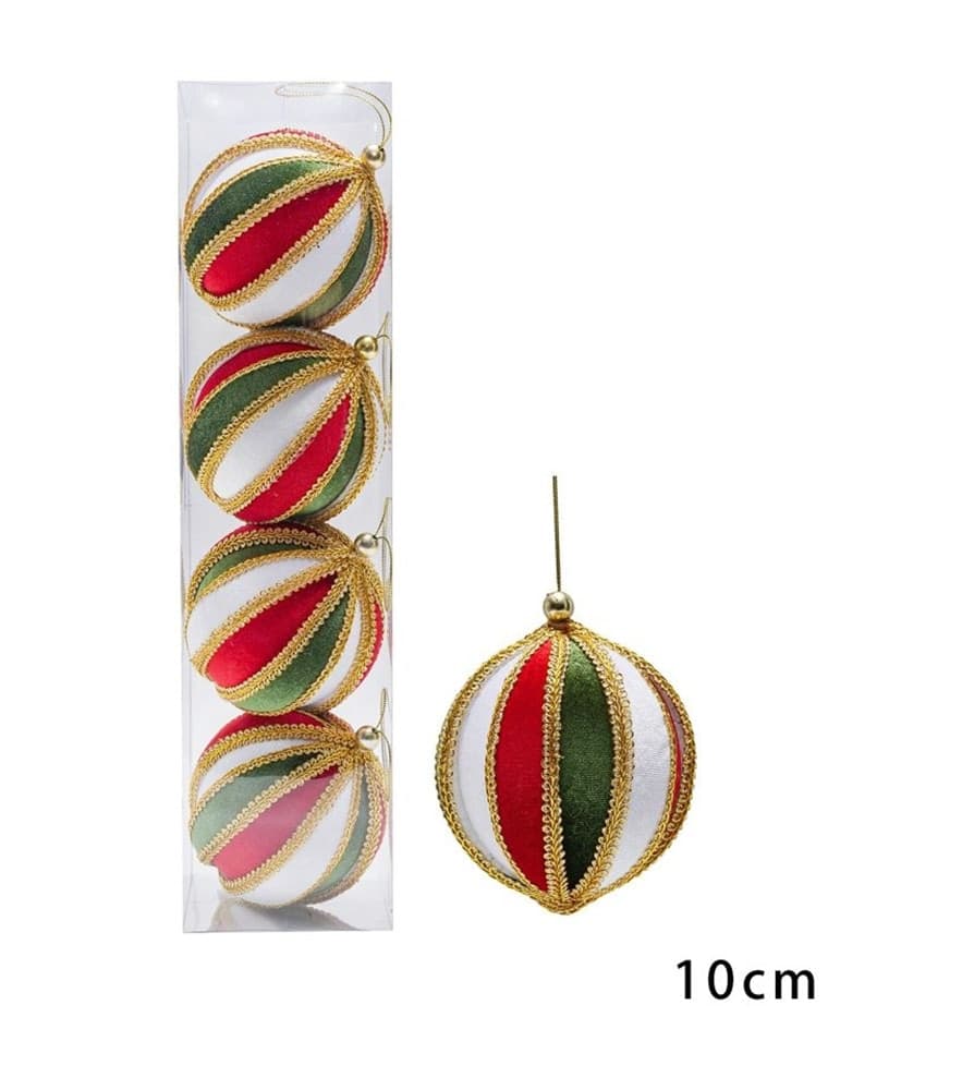 SET 4 PALLINE DI NATALE 10CM A SPICCHI IN VELLUTO ROSSO BIANCO VERDE CON BORDI ORO 638500 - 2