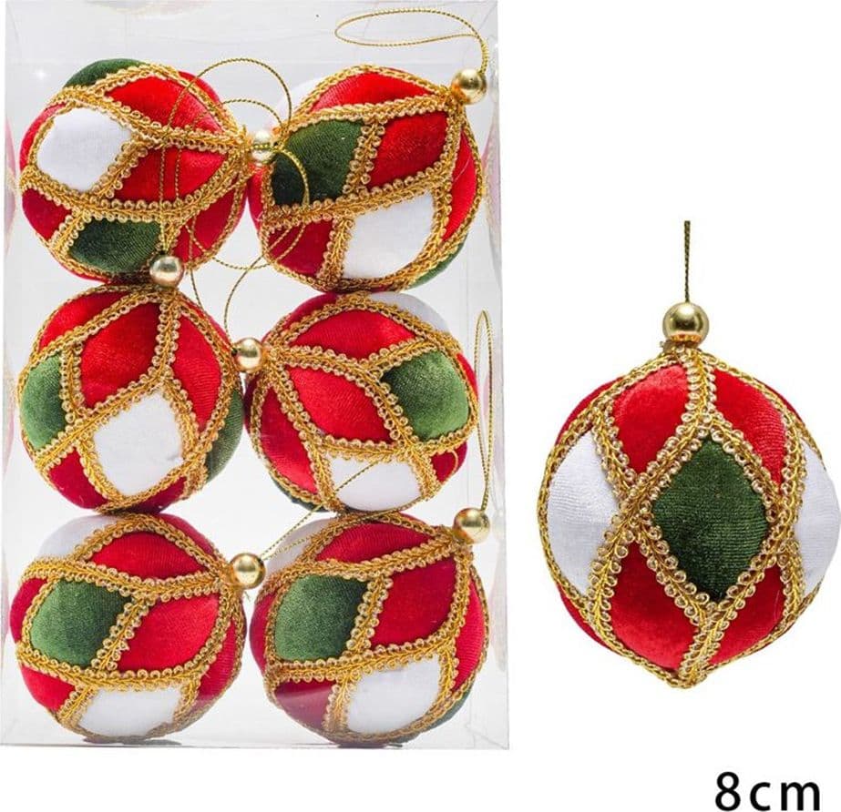 SET 6 PALLINE DI NATALE 8 CM A LOSANGHE IN VELLUTO ROSSO BIANCO VERDE BORDI DORATI 638510 - 2