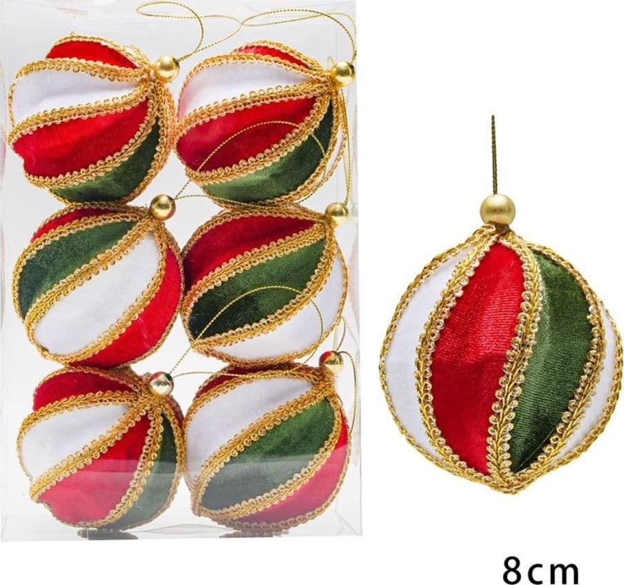 SET 6 PALLINE NATALE 8CM A SPICCHI VELLUTO ROSSO BIANCO VERDE CON BORDATURE DORATE 638514 - 2