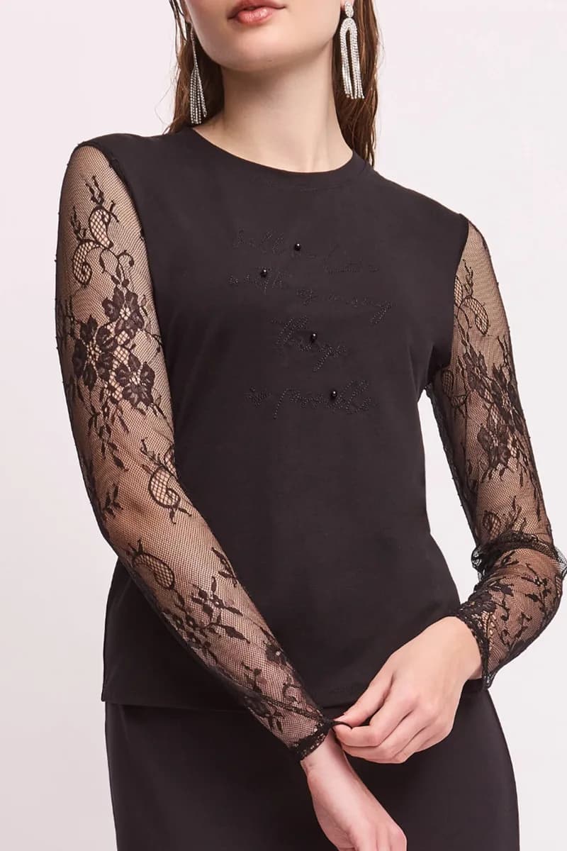Maglia girocollo in cotone con maniche in pizzo | VERDISSIMA Cosy - 2