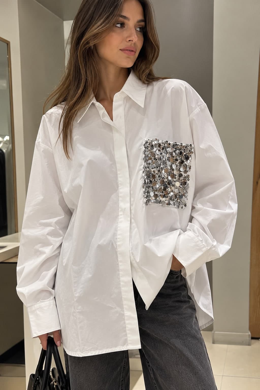 CAMICIA CON TASCA PAILLETTES BIANCO - 4