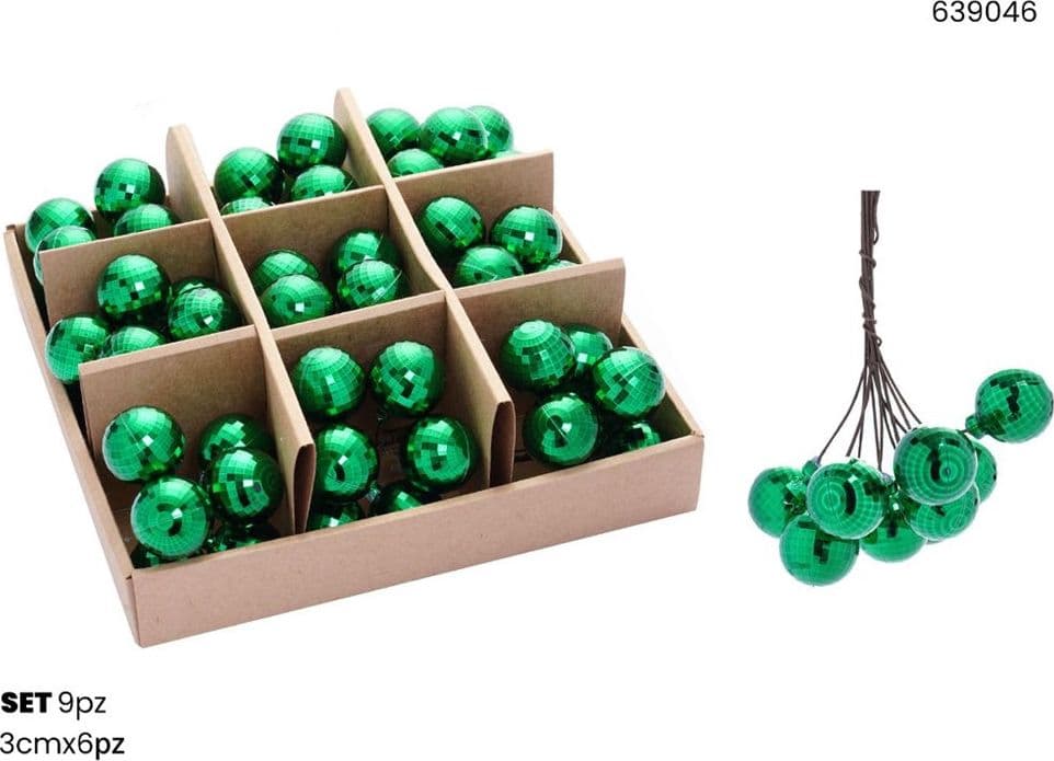 SET 9PZ GRAPPOLO DI 6 PALLINE NATALIZIE SFERE EFFETTO DIAMANTE DA 3CM ADDOBBO FESTE NATALE - 3