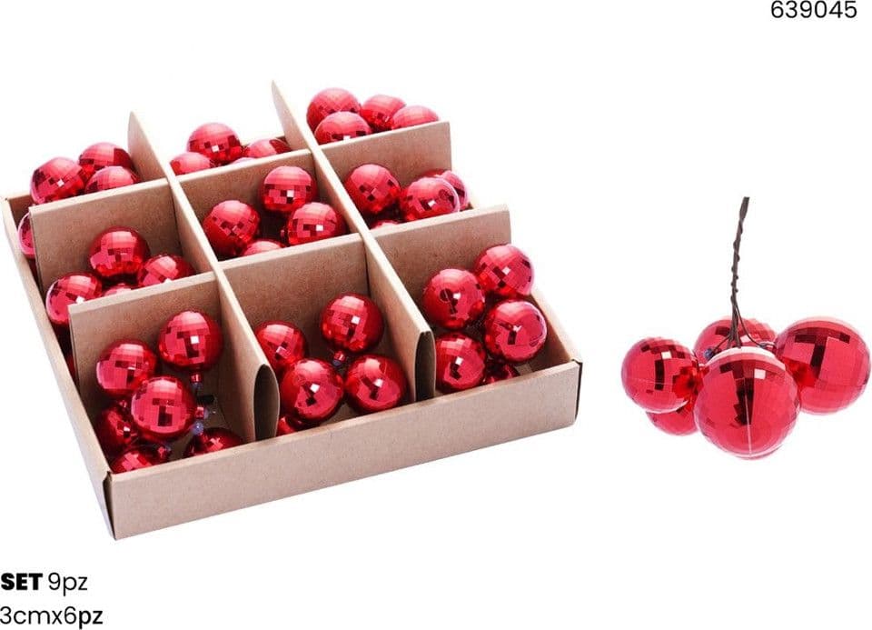 SET 9PZ GRAPPOLO DI 6 PALLINE NATALIZIE SFERE EFFETTO DIAMANTE DA 3CM ADDOBBO FESTE NATALE - 5