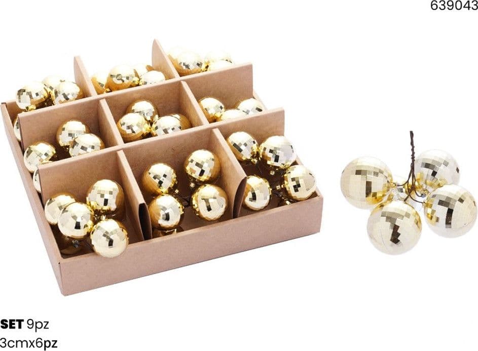 SET 9PZ GRAPPOLO DI 6 PALLINE NATALIZIE SFERE EFFETTO DIAMANTE DA 3CM ADDOBBO FESTE NATALE - 7