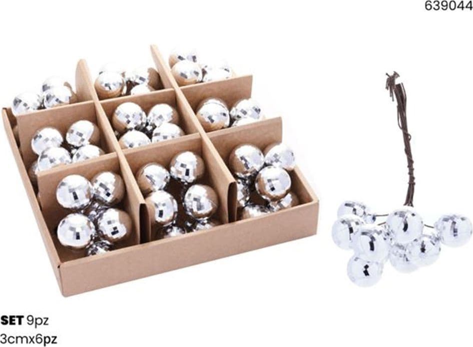 SET 9PZ GRAPPOLO DI 6 PALLINE NATALIZIE SFERE EFFETTO DIAMANTE DA 3CM ADDOBBO FESTE NATALE - 9