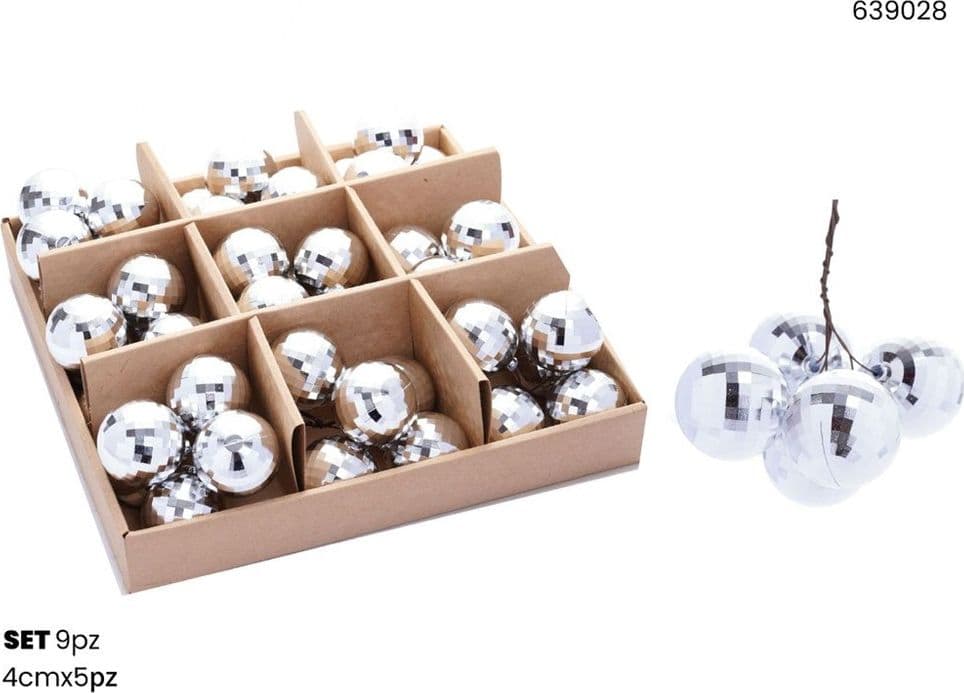 SET 9PZ GRAPPOLO DI 5 PALLINE NATALIZIE SFERE EFFETTO DIAMANTE DA 4CM ADDOBBO FESTE NATALE - 5