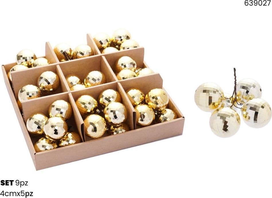 SET 9PZ GRAPPOLO DI 5 PALLINE NATALIZIE SFERE EFFETTO DIAMANTE DA 4CM ADDOBBO FESTE NATALE - 7