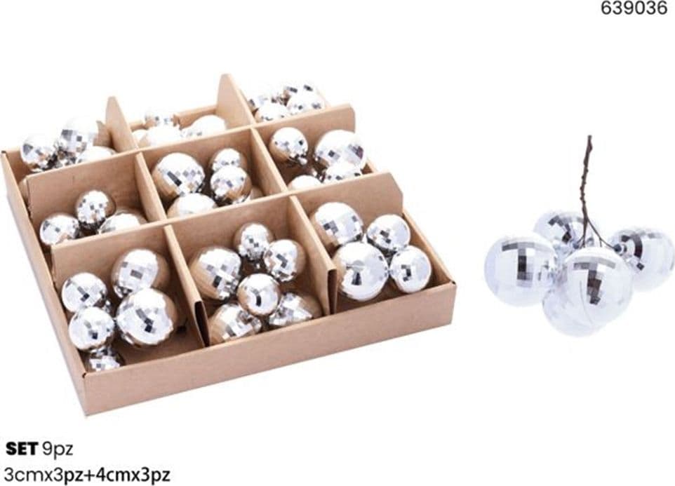 SET 9PZ GRAPPOLO DI 6 PALLINE NATALIZIE SFERE EFFETTO DIAMANTE DA 4CM+3CM ADDOBBO FESTE - 3
