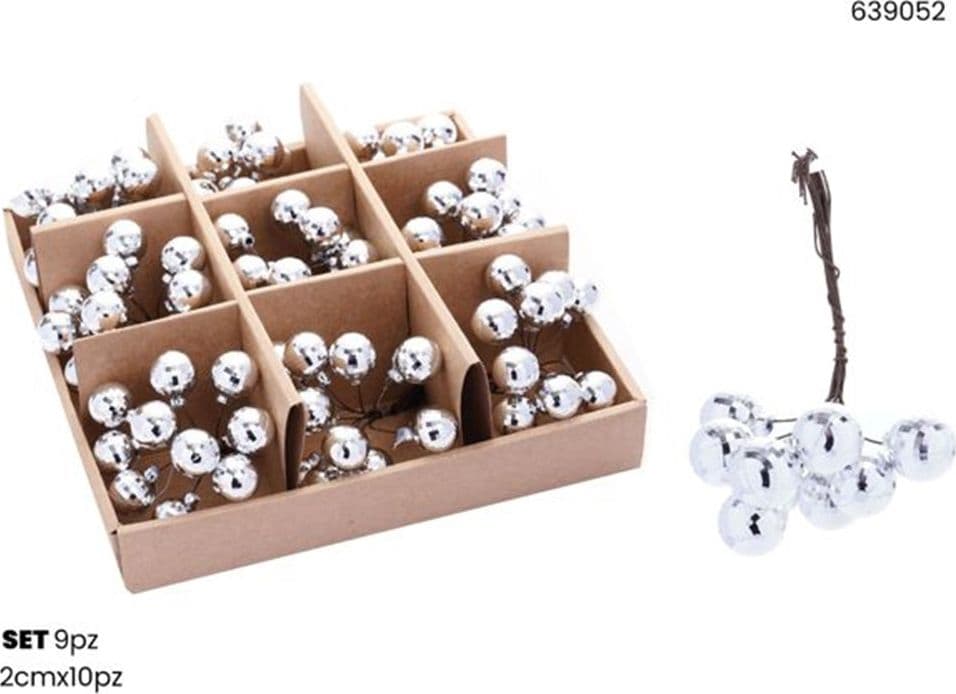 SET 9PZ GRAPPOLO DI 10 PALLINE NATALIZIE SFERE EFFETTO DIAMANTE 2CM ADDOBBO FESTE NATALE - 5