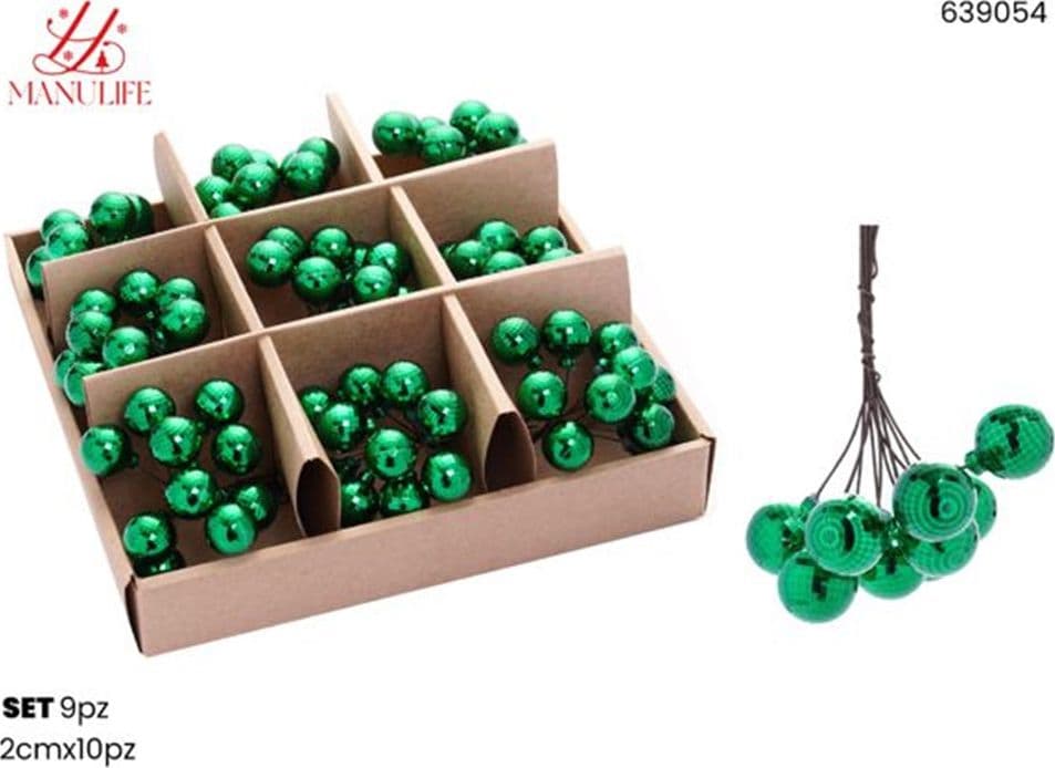 SET 9PZ GRAPPOLO DI 10 PALLINE NATALIZIE SFERE EFFETTO DIAMANTE 2CM ADDOBBO FESTE NATALE - 7