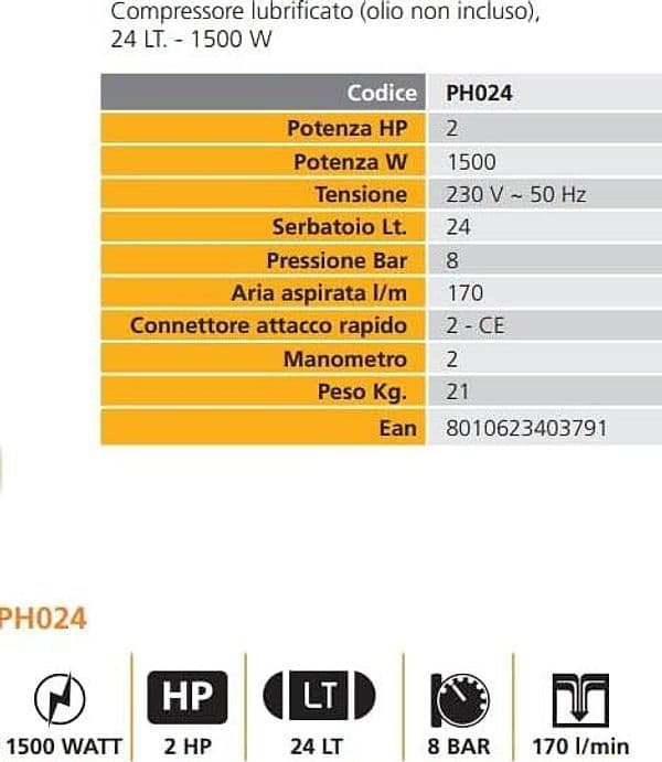 Compressore ad Aria Lubrificato Olio Mistral PH024 - 24Lt 2 Hp  1500 W - 2