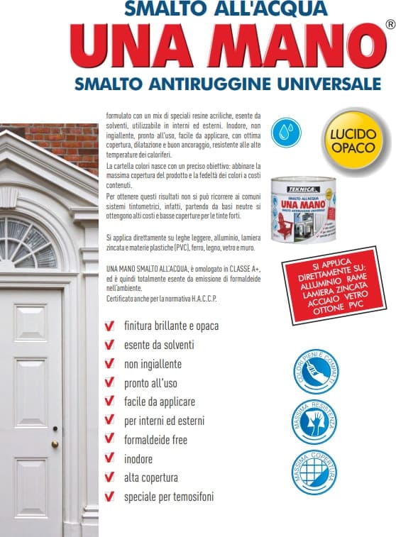 Smalto all'acqua lucido/opaco UNA MANO Antiruggine Univ. certificato A+HACCP - 10