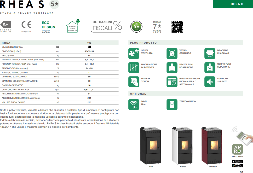 Stufa a pellet 10,2 kW Rhea 10s Schuster Unical Riscaldamento casa ufficio Nera - 2