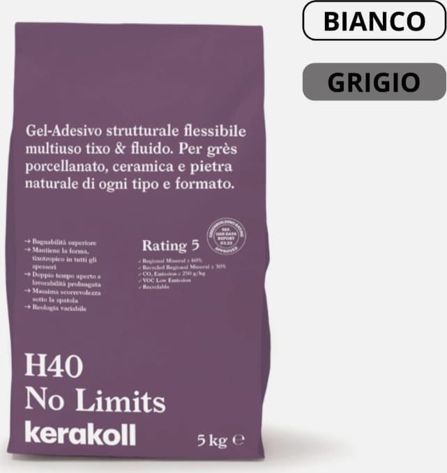 Colla Piastrelle Kerakoll H40 NOLIMITS Gres Ceramica Pietra 5kg Bianco e Grigio - 2