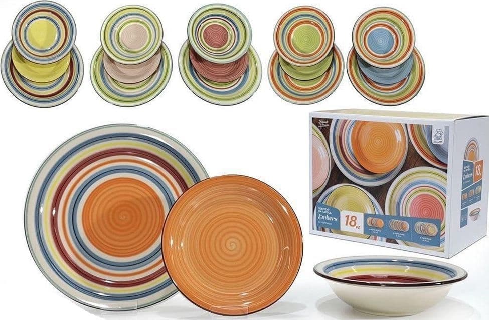 SET SERVIZIO DI PIATTI DA TAVOLA DA 18 PEZZI DESIGN MULTICOLOR A SPIRALE CON CERCHI - 2