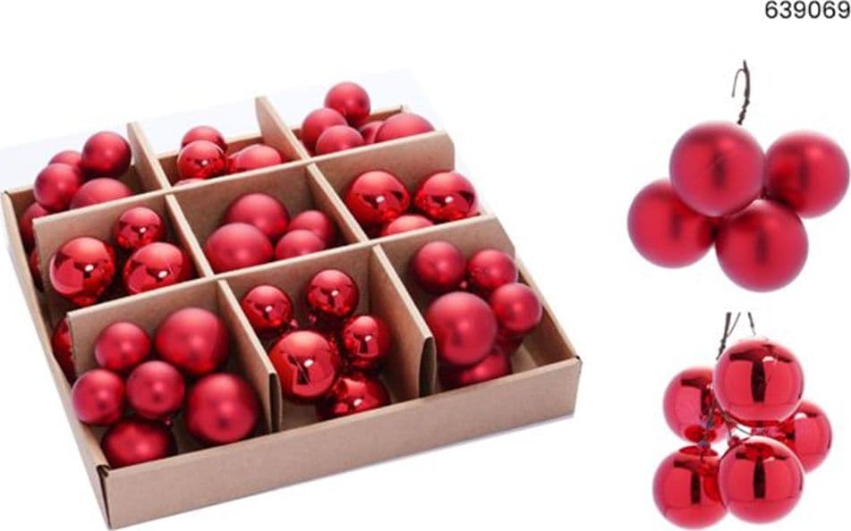 SET 9PZ GRAPPOLO DI 6 PALLINE NATALIZIE DA 3CM+4CM LUCIDE OPACHE DECORAZIONI ADDOBBI FESTE - 7