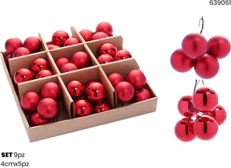 SET 9PZ GRAPPOLO DI 5 PALLINE NATALIZIE DA 4CM LUCIDE OPACHE DECORAZIONI ADDOBBI FESTE - 3