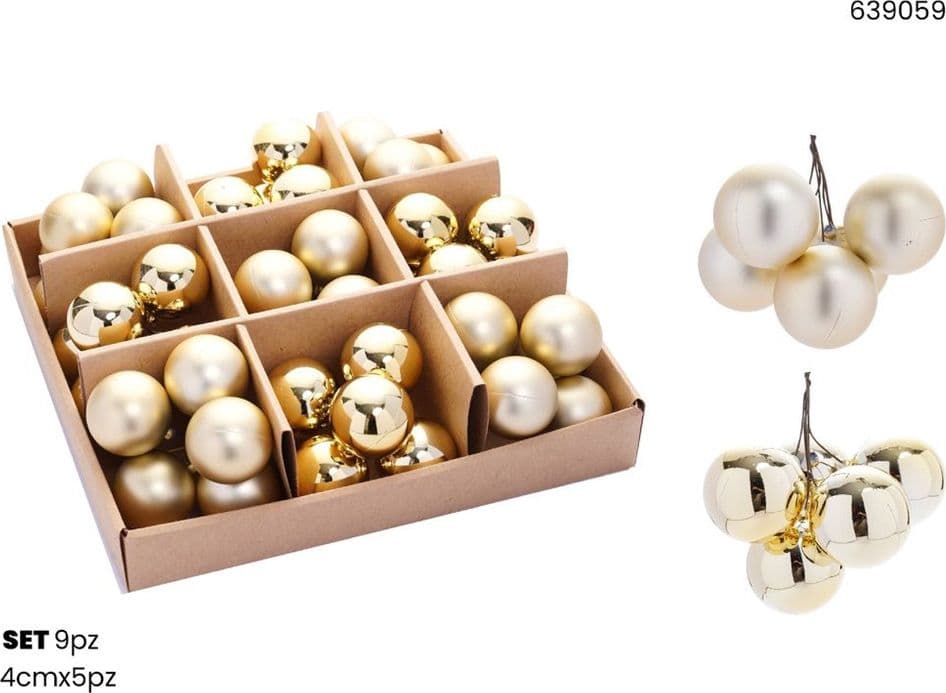 SET 9PZ GRAPPOLO DI 5 PALLINE NATALIZIE DA 4CM LUCIDE OPACHE DECORAZIONI ADDOBBI FESTE - 5