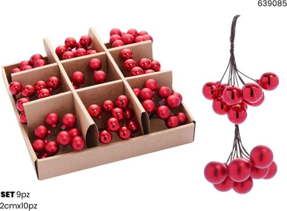 SET 9PZ GRAPPOLO DI 10 PALLINE NATALIZIE DA 2CM LUCIDE OPACHE DECORAZIONI ADDOBBI FESTE - 5