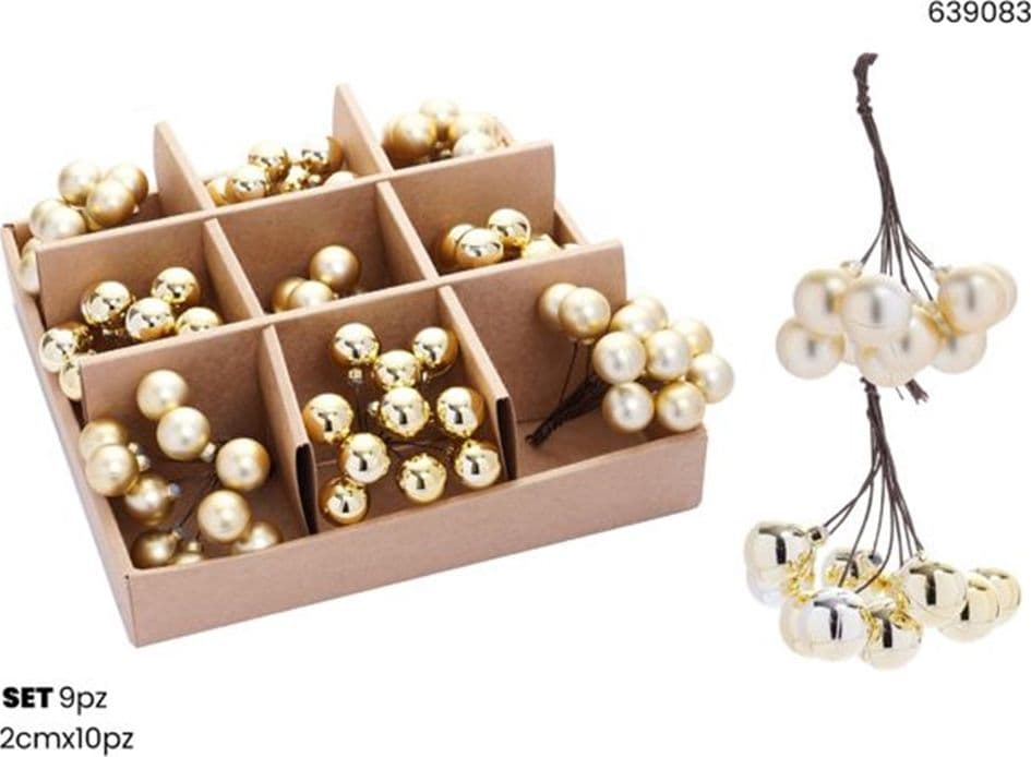 SET 9PZ GRAPPOLO DI 10 PALLINE NATALIZIE DA 2CM LUCIDE OPACHE DECORAZIONI ADDOBBI FESTE - 7