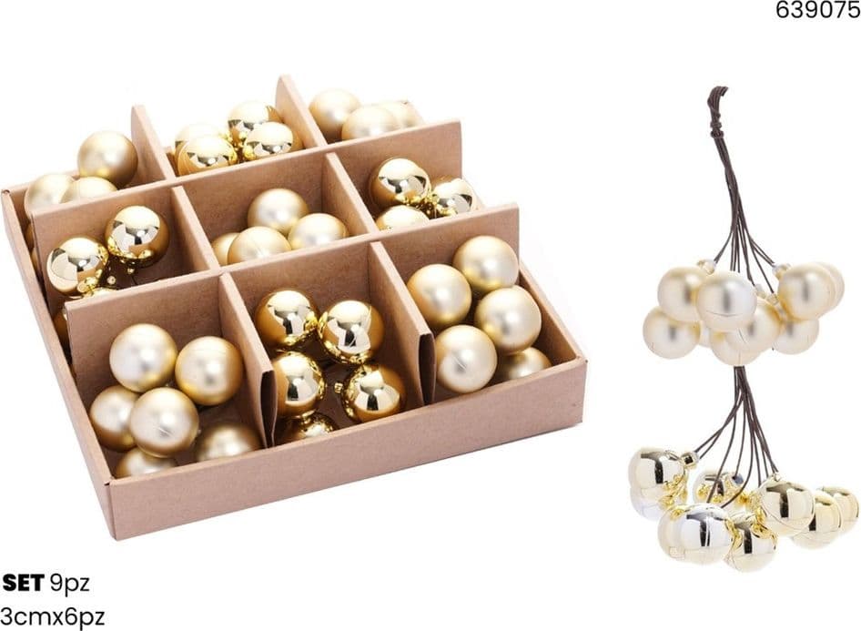 SET 9PZ GRAPPOLO DI 6 PALLINE NATALIZIE DA 3CM LUCIDE OPACHE DECORAZIONI ADDOBBI FESTE - 3