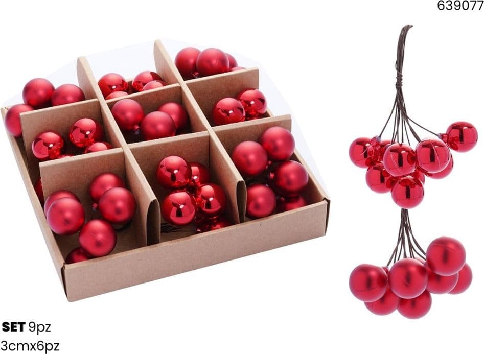 SET 9PZ GRAPPOLO DI 6 PALLINE NATALIZIE DA 3CM LUCIDE OPACHE DECORAZIONI ADDOBBI FESTE - 5