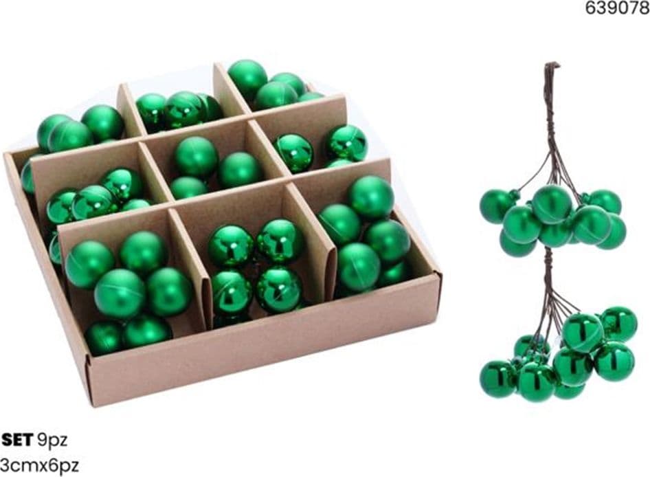 SET 9PZ GRAPPOLO DI 6 PALLINE NATALIZIE DA 3CM LUCIDE OPACHE DECORAZIONI ADDOBBI FESTE - 7