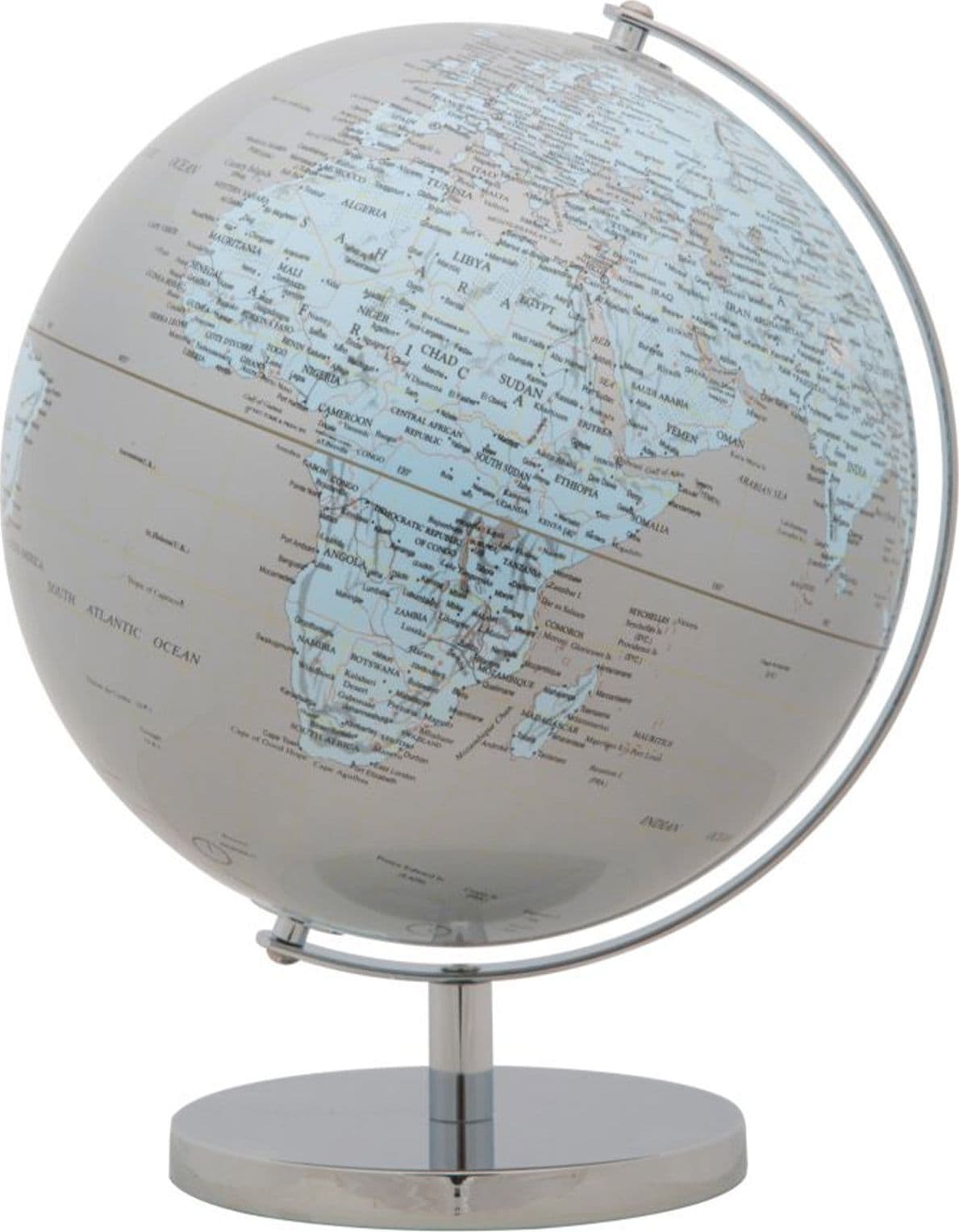 Mappamondo girevole chiaro con base in metallo per decorazione interni h 34 cm – Argento/Light blue – Mauro Ferretti Srl