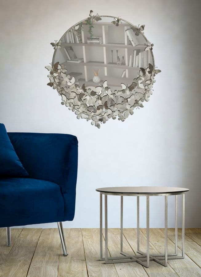 Specchio da parete con farfalle in ferro color argento per bagni e camere da letto in Specchi da parete Decor Space - Altamura, commercioVirtuoso.it