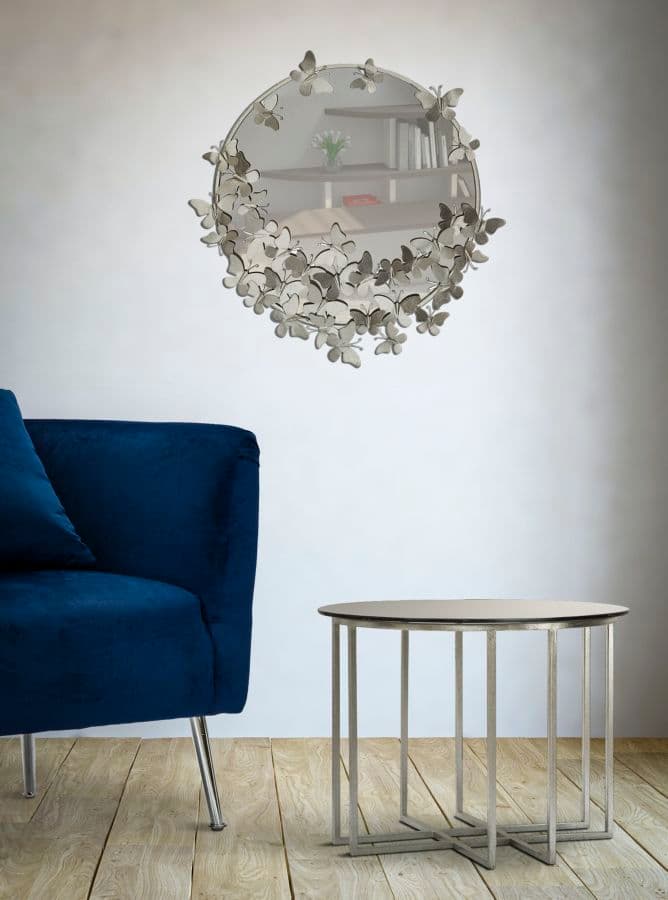 Specchio da parete con farfalle in ferro color argento per bagni e camere da letto in Specchi da parete Decor Space - Altamura, commercioVirtuoso.it