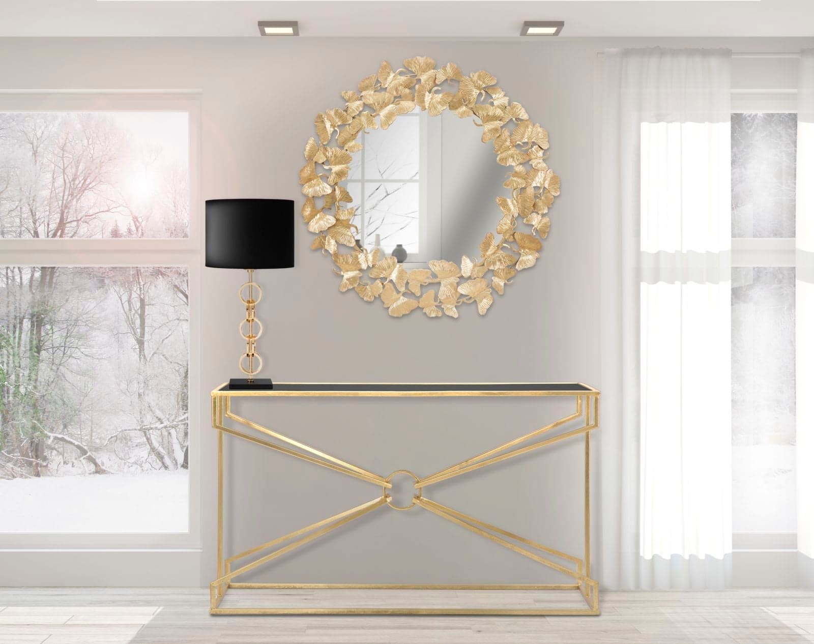 Specchio da parete rotondo con foglie in ferro color oro per bagni e camere da letto in Specchi da parete Decor Space - Altamura, commercioVirtuoso.it