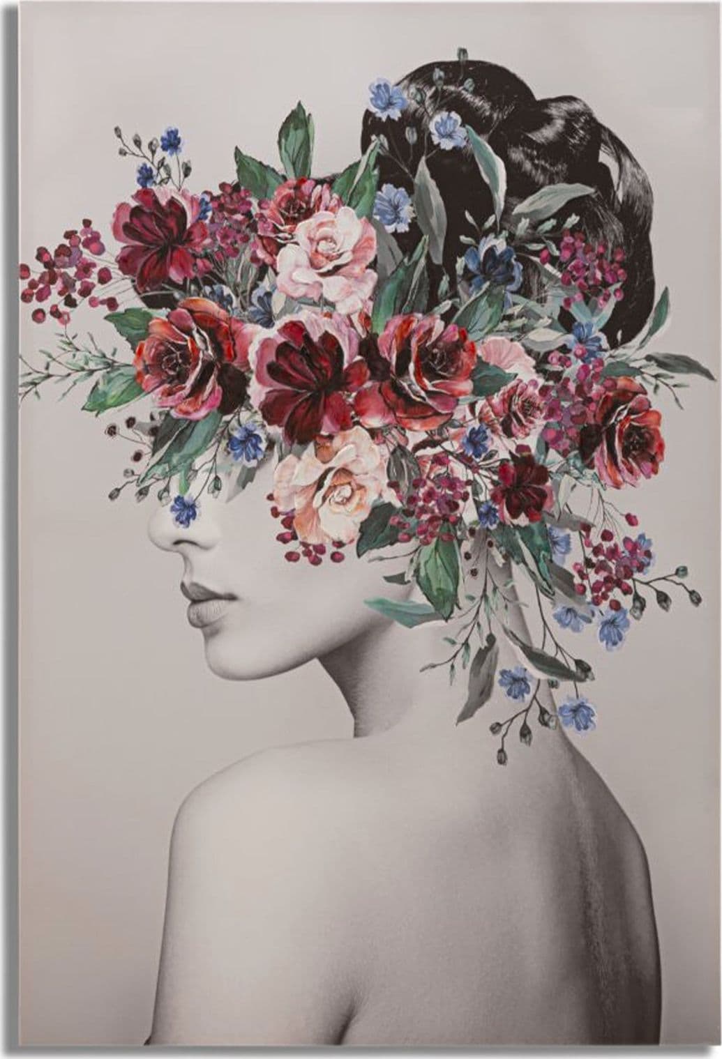 Stampa su tela donna con decorazioni floreali con telaio in legno per decorazioni ambienti – Corona floreale – Mauro