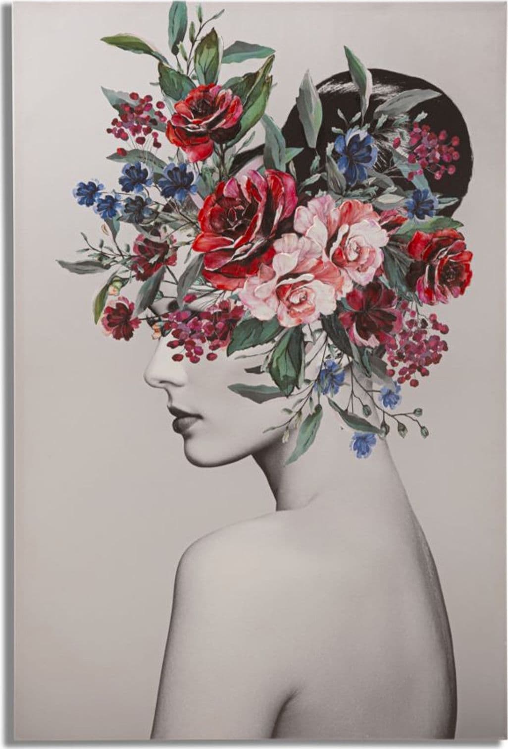 Stampa su tela donna con decorazioni floreali con telaio in legno per decorazioni ambienti – Decorazione floreale – Mauro