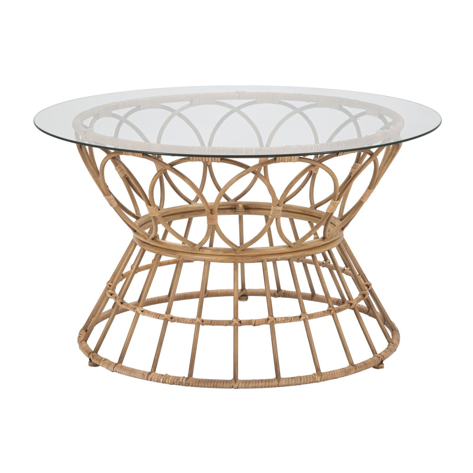 Tavolo da caffè "Panama" rotondo struttura in metallo, rattan e vetro per interni – Ø 75 x 44 cm – Mauro Ferretti Srl – bambù