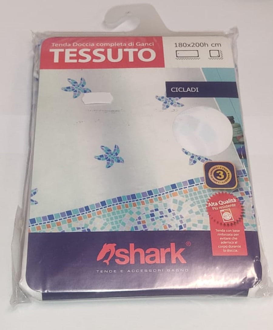 SHARK - TENDA DA DOCCIA COMPLETA DI GANCI IN TESSUTO LINEA "CICLADI" 180x200h cm - COLORE BIANCO CON DECORAZIONI