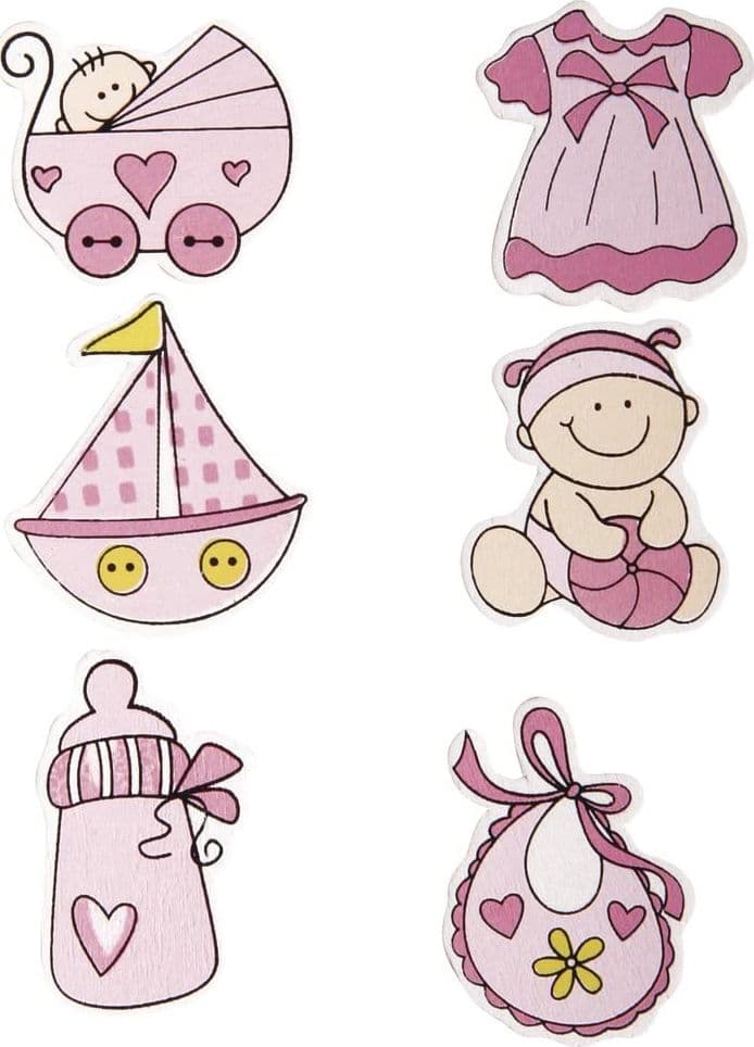 RAYHER - 6 PEZZI - MINIATURE IN LEGNO "BABY GIRL" CON ADESIVO 3-3,5cm