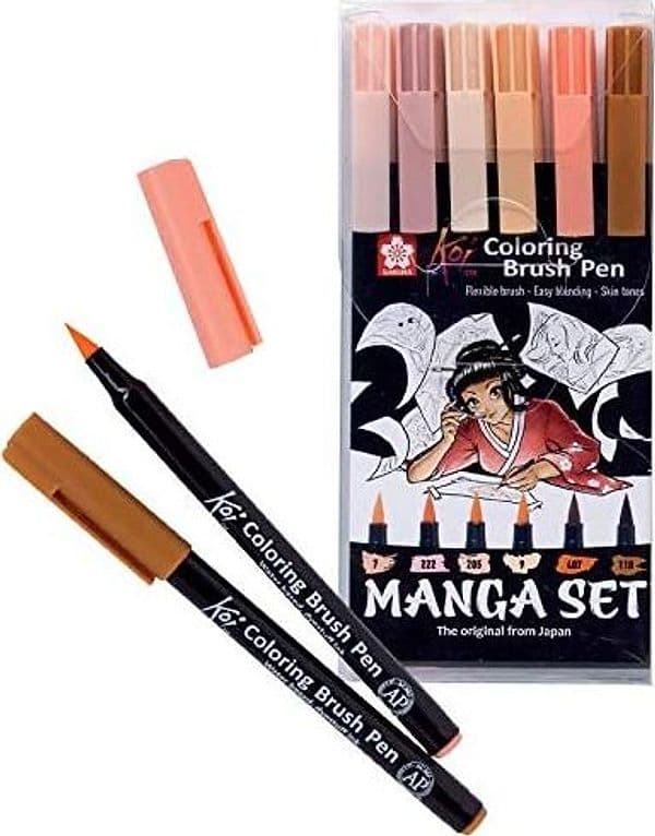 SAKURA -SET 6 PENNE IN ASTUCCIO "COLORING BRUSH PEN" PER DISEGNO MANGA