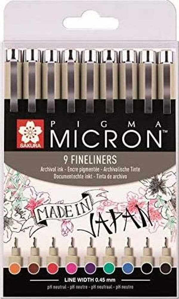SAKURA - SET 9 PENNE A PUNTA FINE "PIGMA MICRON" PER DISEGNI - COLORI ASSORTITI